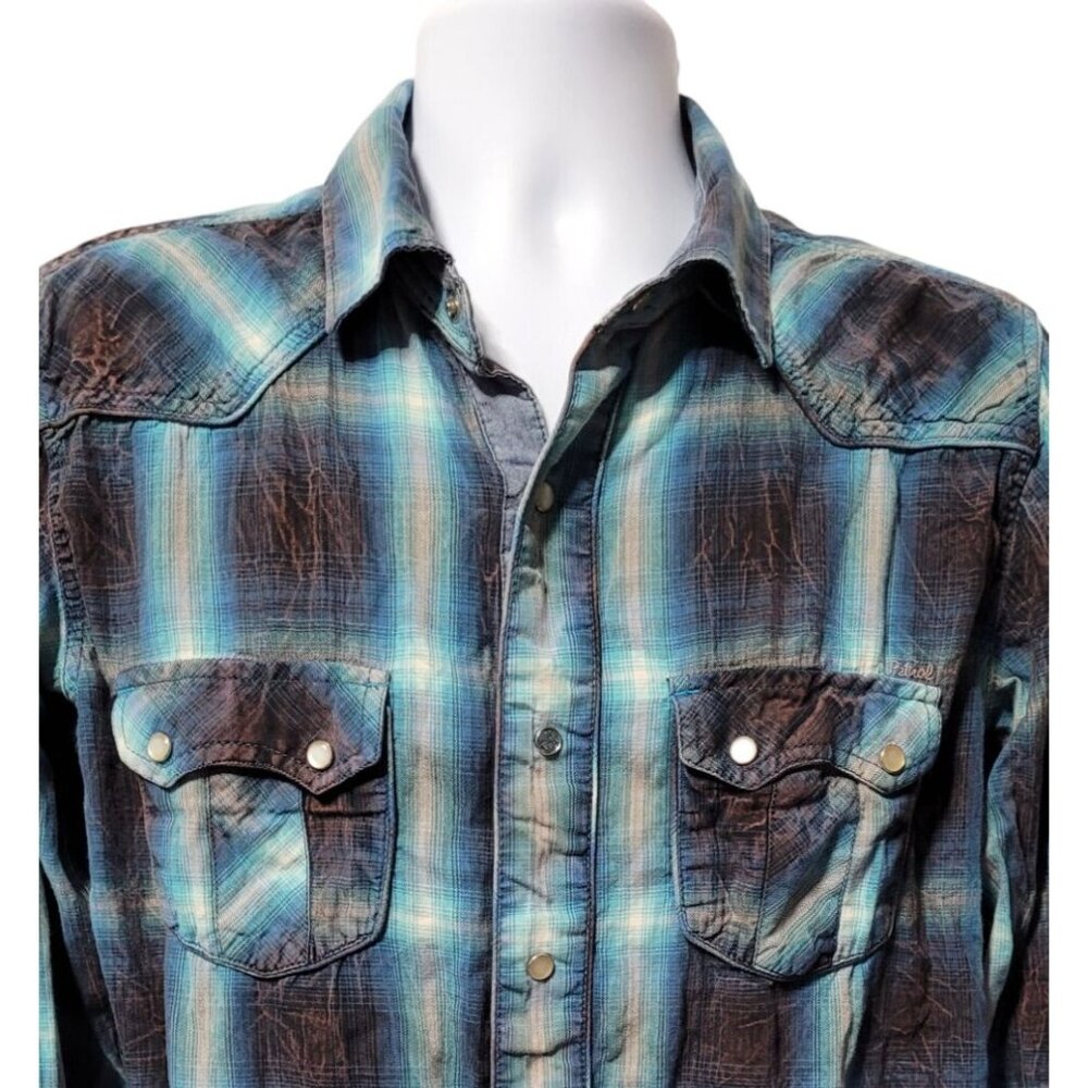 Petrol Industries Mens L Plaid Western Shirt Pearl Snap Blue Brown‎ 100% Cotton
